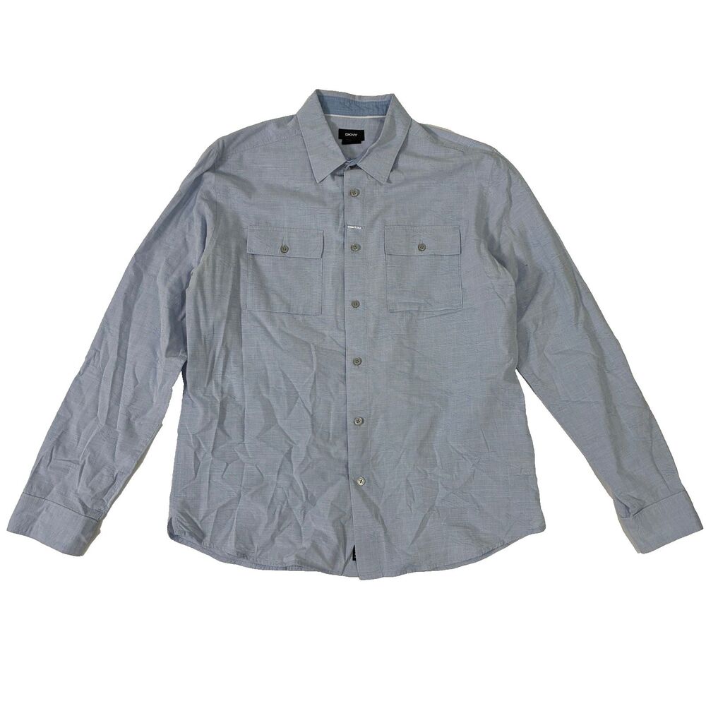DKNY Long Sleeve Button-Down Shirt Blue Stripe Dual Chest Pockets Size L